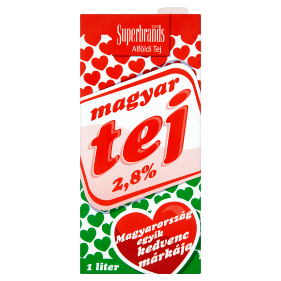 Ungersk UHT långvarig mjölk 1 l 2,8% (Alföldi mjölk) / Magyar UHT tartós tej 1 l 2,8% (Alföldi tej)