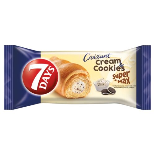 7DAYS Cream & Cookies Super Max vanília ízű krémmel töltött croissant kakaós keksz darabokkal 110 g