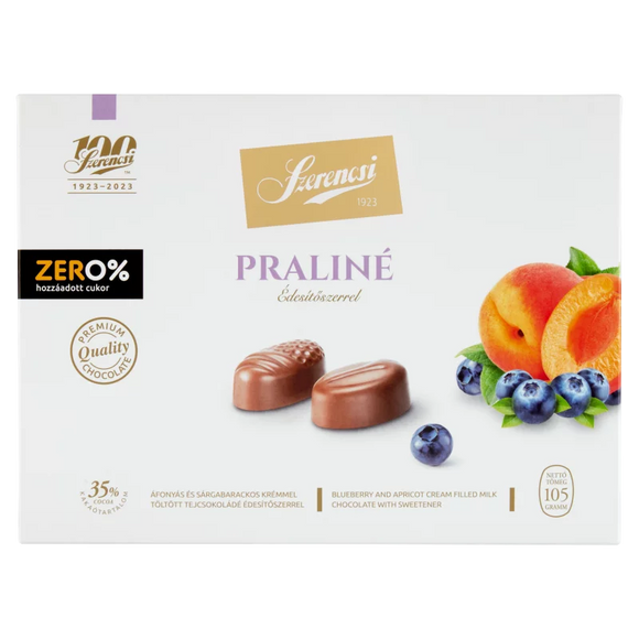 Szerencsi Zero% praliné áfonyás és sárgabarackos krémmel töltött tejcsokoládé édesítőszerrel 105 g