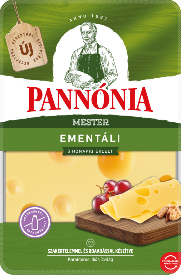 Pannónia Mester Emmental skivad, fet, hård ost med jäsningshål 125 g/ Pannónia Mester Ementáli szeletelt, zsíros, kemény, erjedési lyukas sajt 125 g