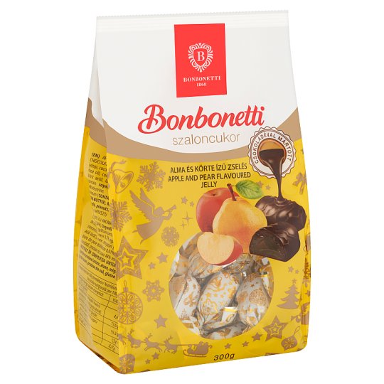 ‼️Előrendelés! Kiszállítás október 29-től‼️Bonbonetti, mörk chokladdoppad äppel-päron gel julgodis   280 g/ Bonbonetti étcsokoládéval mártott alma és körte ízű zselés szaloncukor 280 g