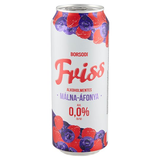 Borsodi Friss málna-áfonya 0.0 % alkohol, 0.5l /Borsodi Färsk alkoholfri öldryck 0,5 l 0,0% hallon-blåbär, förpackad