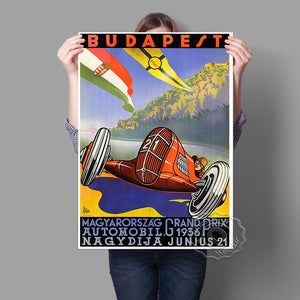 Budapest Hungary Vintage Travel Poster, 1936 Budapest Grand Prix Motor Racing Emil Gerster Prints, Racecar Decor, Car Fans Gift