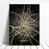 Budapest Hungary Black and gold Canvas Wall Art Map Poster