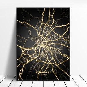 Budapest Hungary Black and gold Canvas Wall Art Map Poster