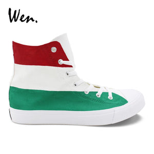 Wen Custom Hand Painted Shoes Hungary Flag Design Canvas Sneakers High Top Cross Straps Espadrilles Flats Plimsolls Zapatillas